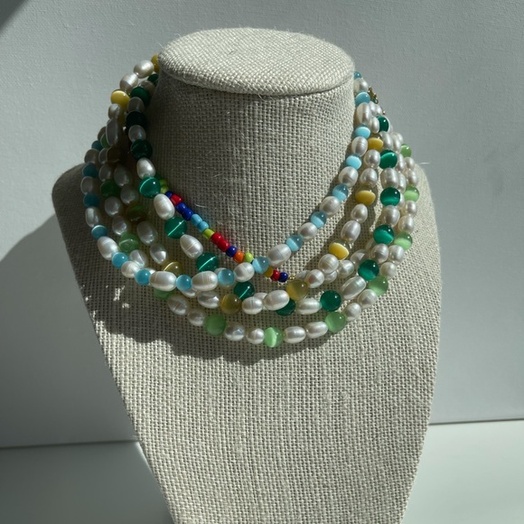 Dark green cat eye round bead and fresh water Pearl necklace - Picture 3 of 4